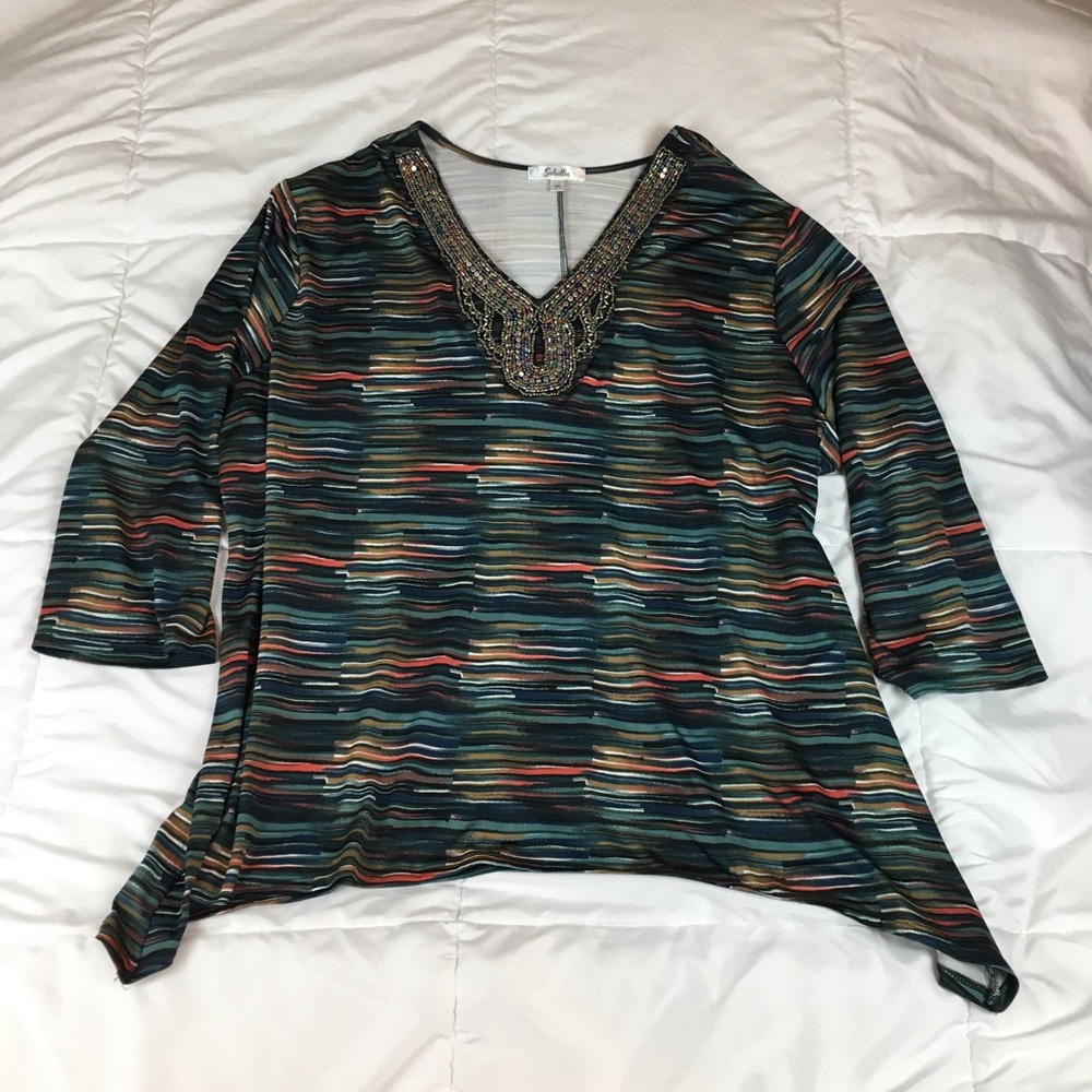 Soleillee Multi Color Striped Blouse w/ Beading
